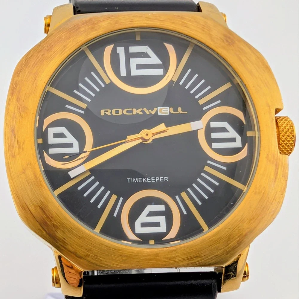 Rockwell Timekeeper Oversized Gold Tone Black Dial Quartz Watch 45mm